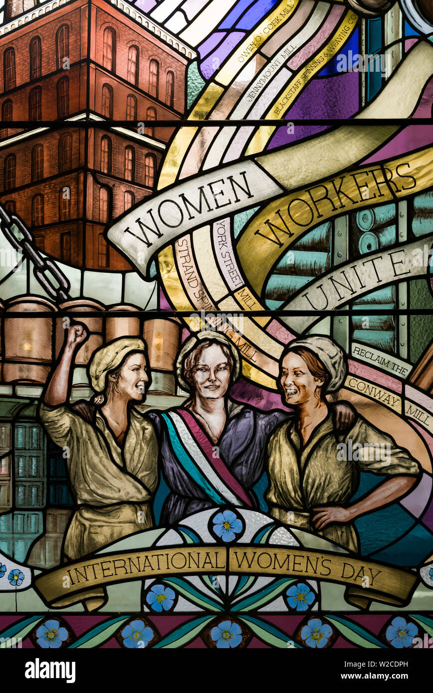 UK, Northern Ireland, Belfast, Belfast City Hall, interior, stained glass window commemorating International Women's Day Stock Photo
