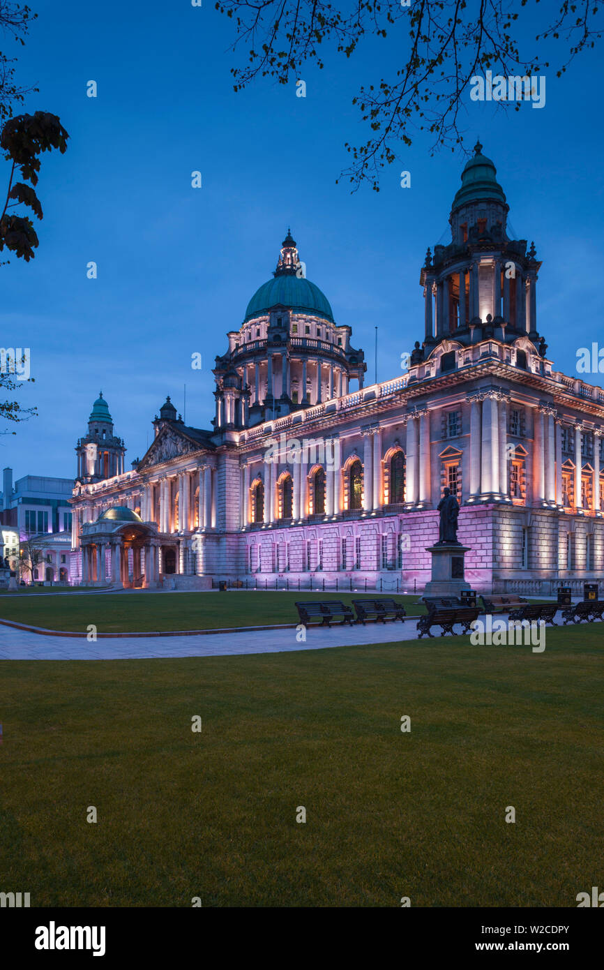 UK, Northern Ireland, Belfast, Belfast City Hall, exterior, dusk Stock Photo
