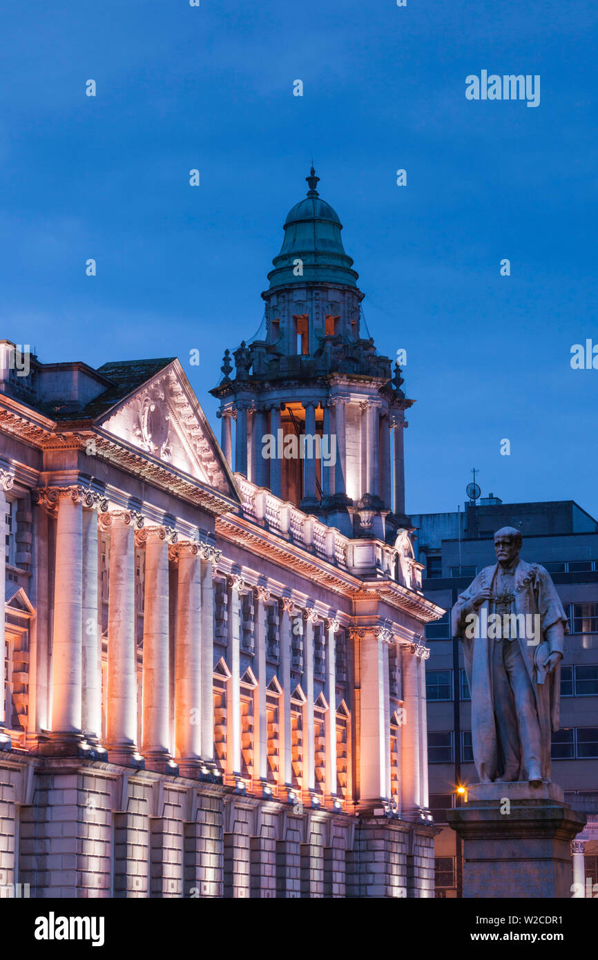 UK, Northern Ireland, Belfast, Belfast City Hall, exterior, dusk Stock Photo