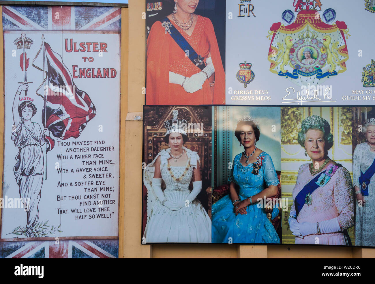UK, Northern Ireland, Belfast, Falls Road, Unionist pro-British murals along Shankill Road with Queen Elizabeth II Stock Photo