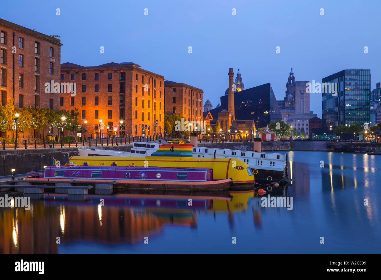 United Kingdom, England, Merseyside, Liverpool, Salthouse Dock, View of docks looking towards the Pump House and Pier Head buildings Stock Photo
