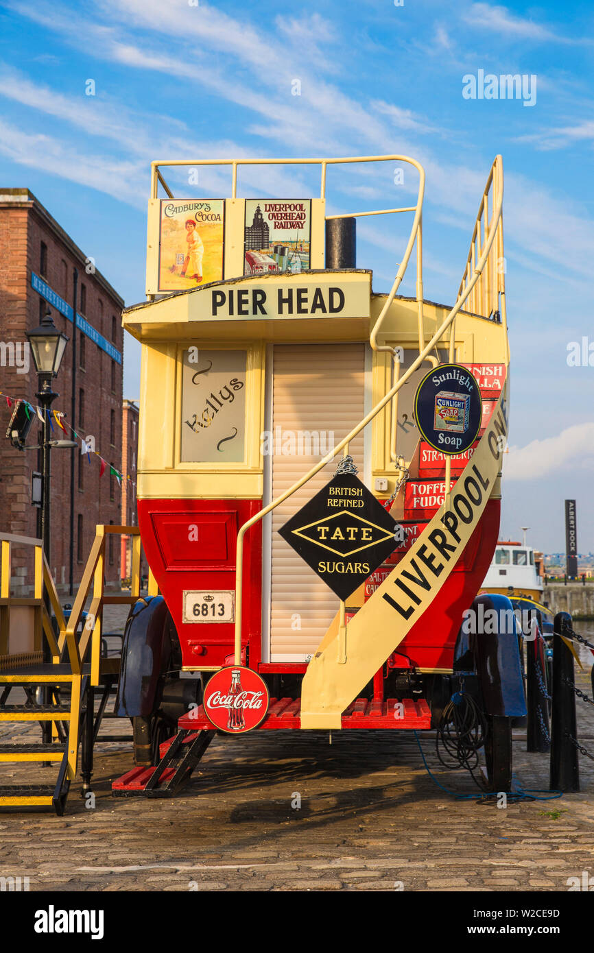 United Kingdom, England, Merseyside, Liverpool, Vintage steam powered bus in Albert Dock Stock Photo