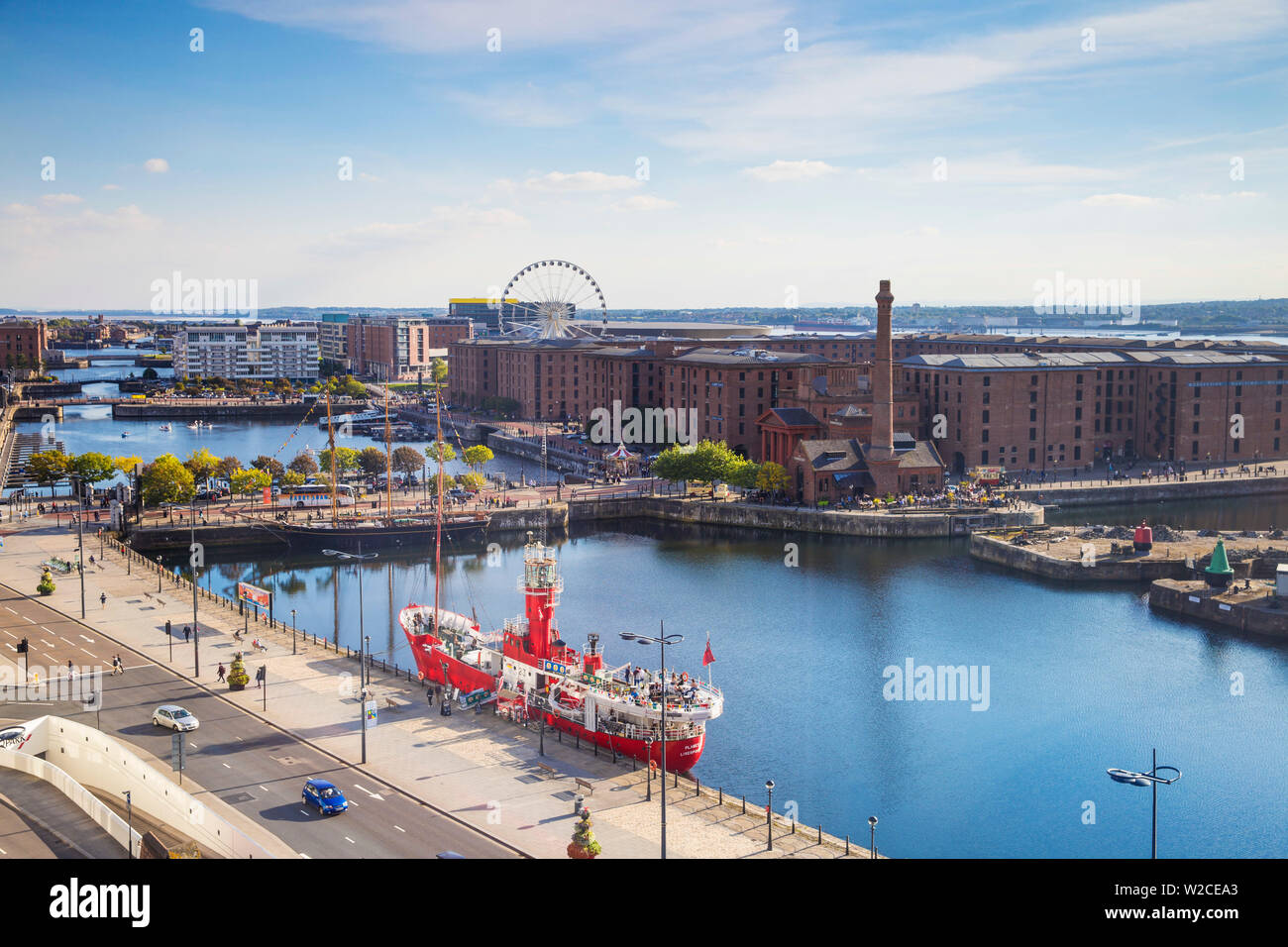 United Kingdom, England, Merseyside, Liverpool, View of Albert Docks the Wheel of Liverpool and the MerseyPlanet Light Vessel Stock Photo