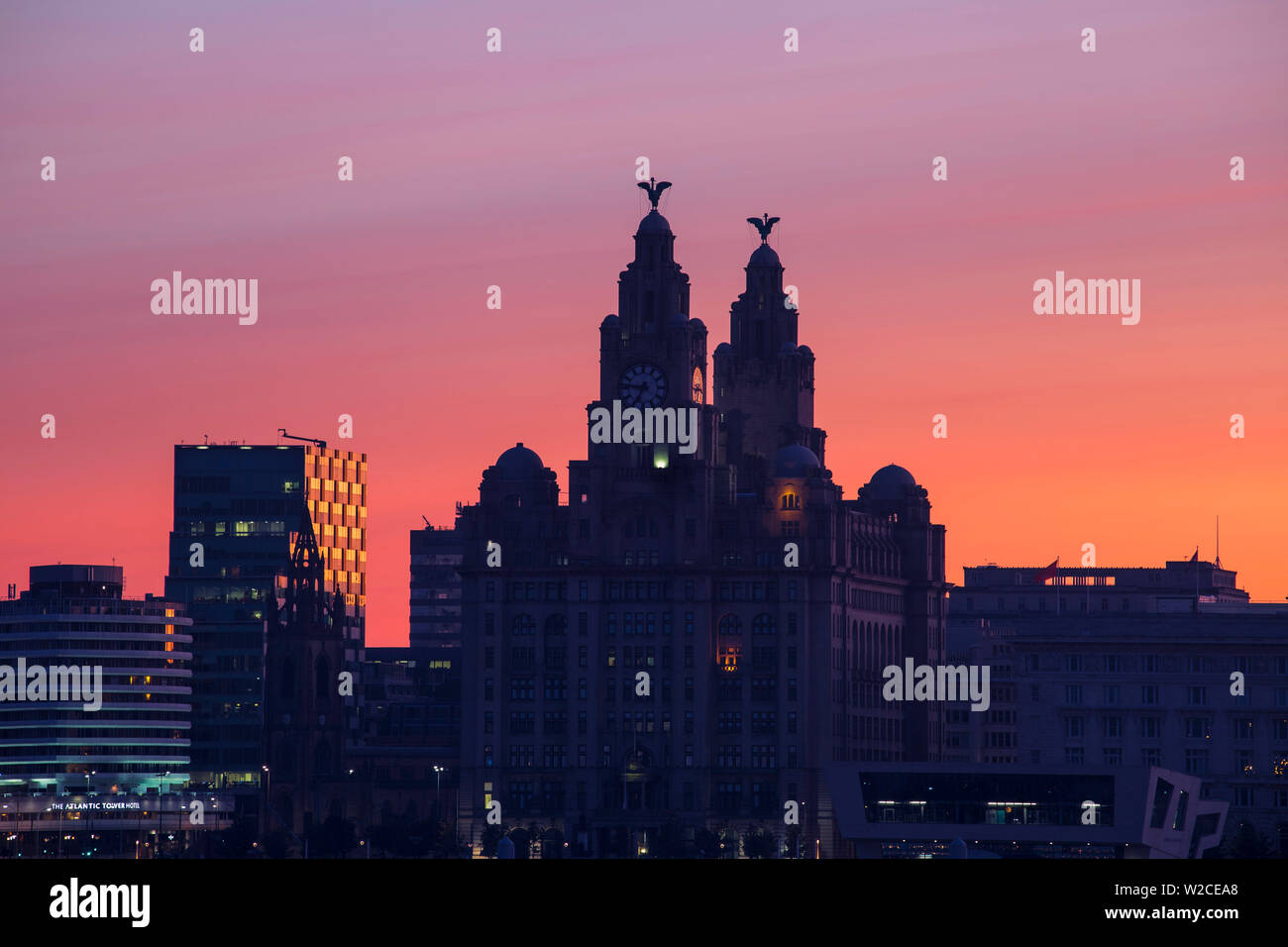 United Kingdom, England, Merseyside, Liverpool, View of The Royal Liver Building - with two clock towers topped by two Liver Birds Stock Photo