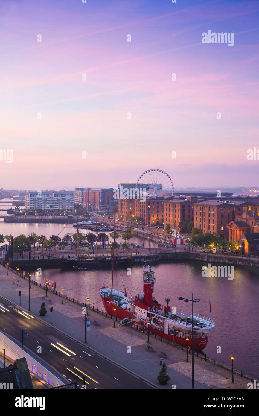 United Kingdom, England, Merseyside, Liverpool, View of Albert Docks the Wheel of Liverpool and the MerseyPlanet Light Vessel Stock Photo