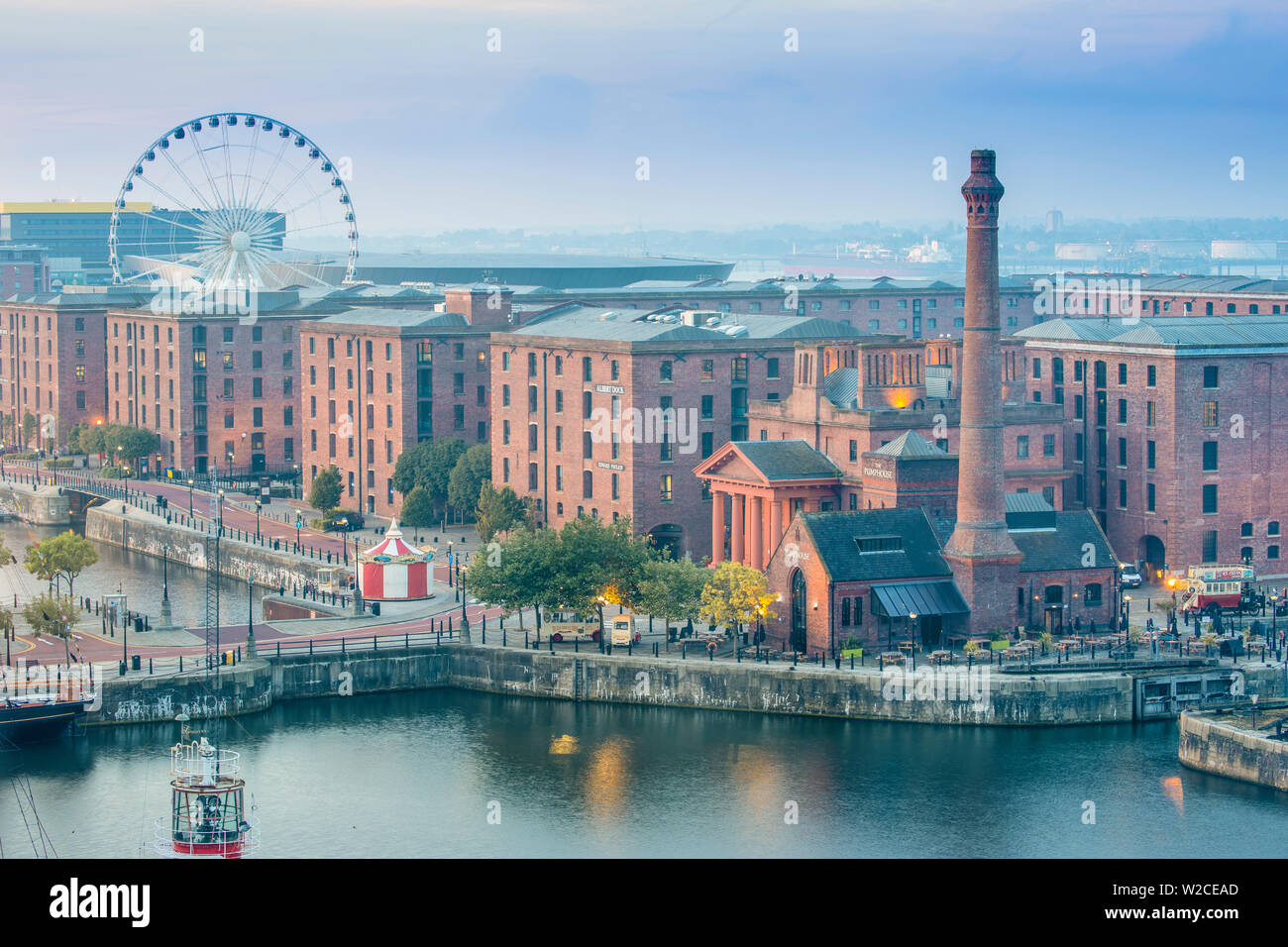 United Kingdom, England, Merseyside, Liverpool, View of Albert Docks and the Wheel of Liverpool, Stock Photo
