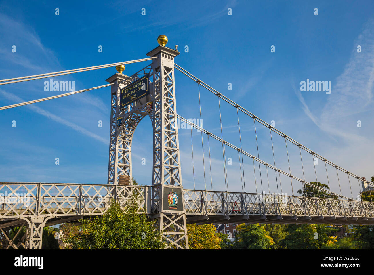 United Kingdom, England, Cheshire, Chester, Queens Park suspension bridge Stock Photo