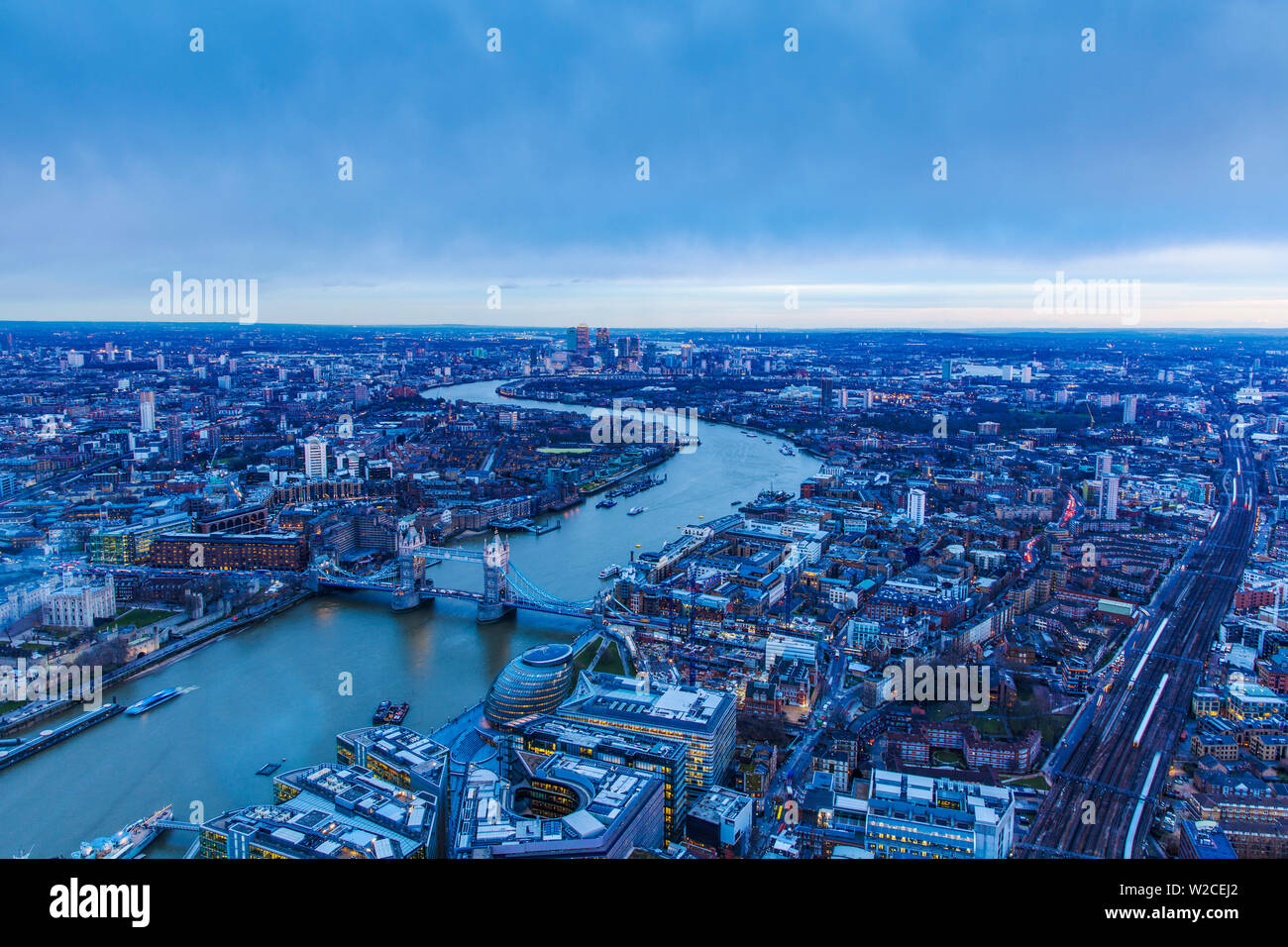 UK, England, London, View of London from The Shard, looking over Tower Bridge to Canary Wharf Stock Photo