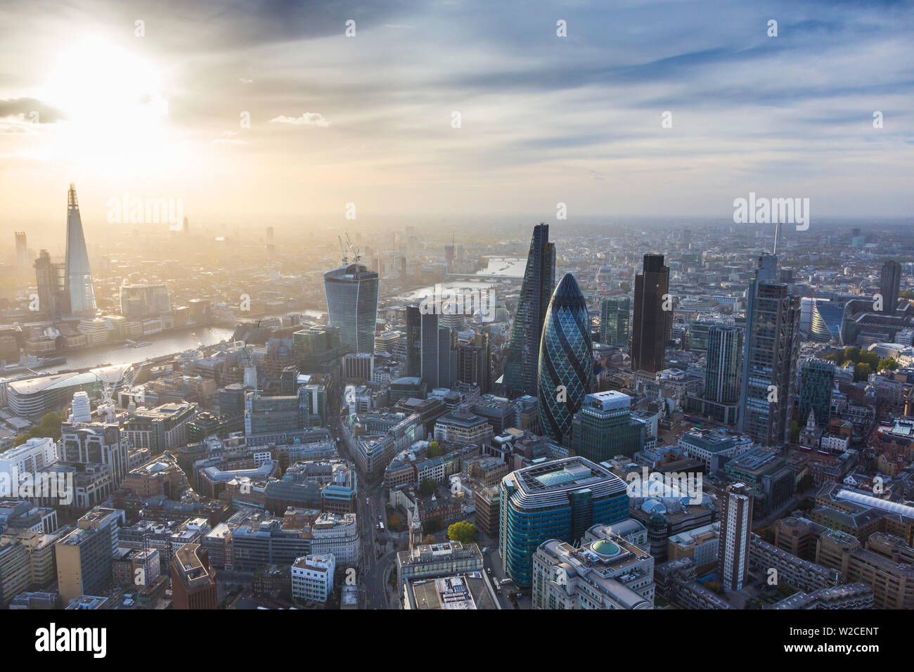 Aerial view from helicopter, The Shard & City of London, London, England Stock Photo
