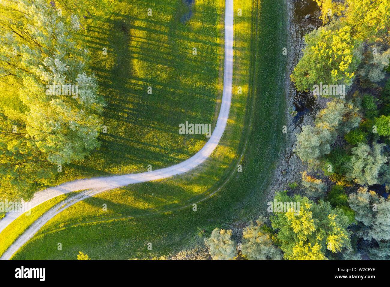 Path on dyke near Isar estuary, near Deggendorf, drone shot, Lower Bavaria, Bavaria, Germany Stock Photo