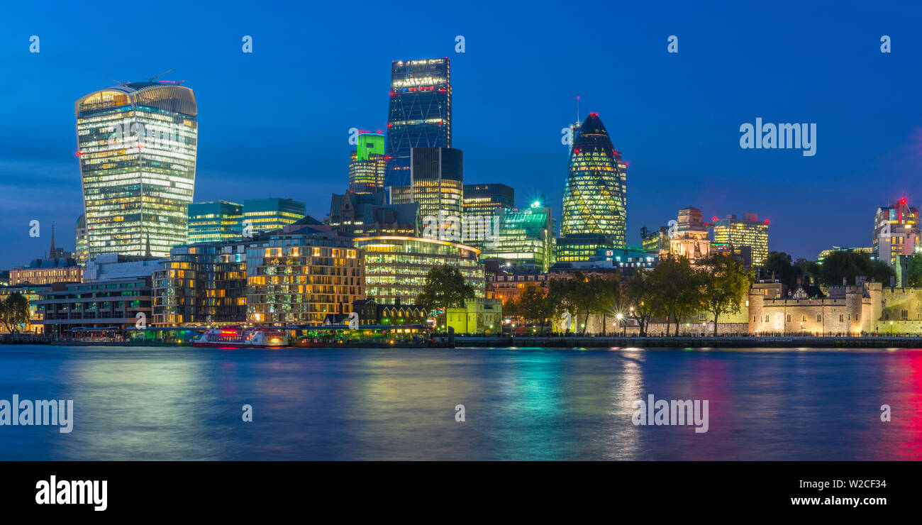 UK, England, London, The City, The Walkie-Talkie (20 Fenchurch Street), Cheesegrater (122 Leadenhall Street) , Gherkin (30 St. Mary Axe) and Tower of London Stock Photo