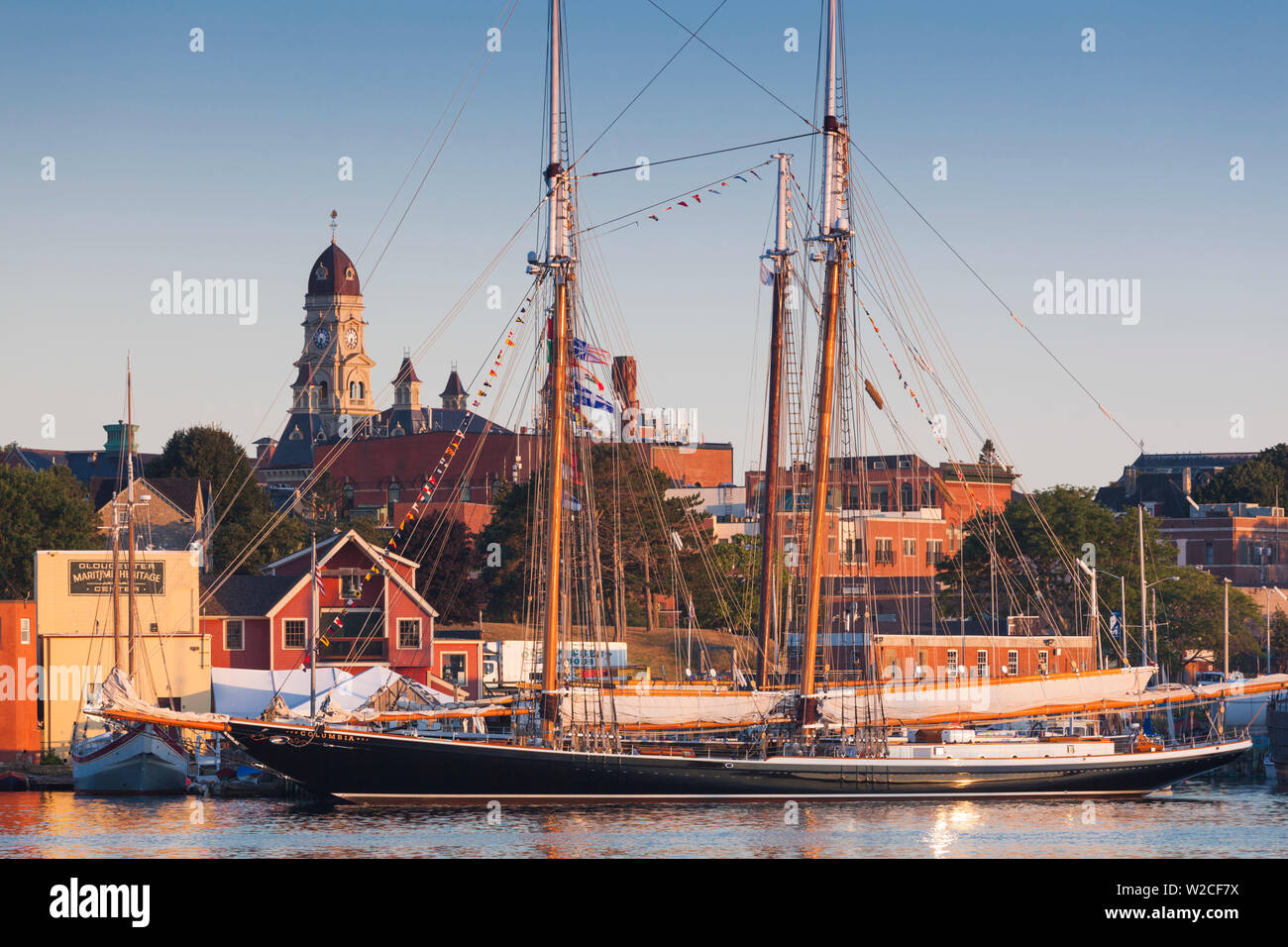 USA, Massachusetts, Cape Ann, Gloucester, annual Gloucester Schooner Festival, Maritime Center pier with Schooner Columbia, dawn Stock Photo