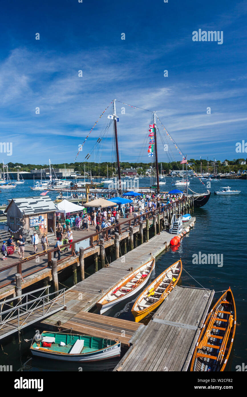 USA, Massachusetts, Cape Ann, Gloucester, annual Gloucester Schooner Festival, Maritime Center pier with Schooner Columbia Stock Photo