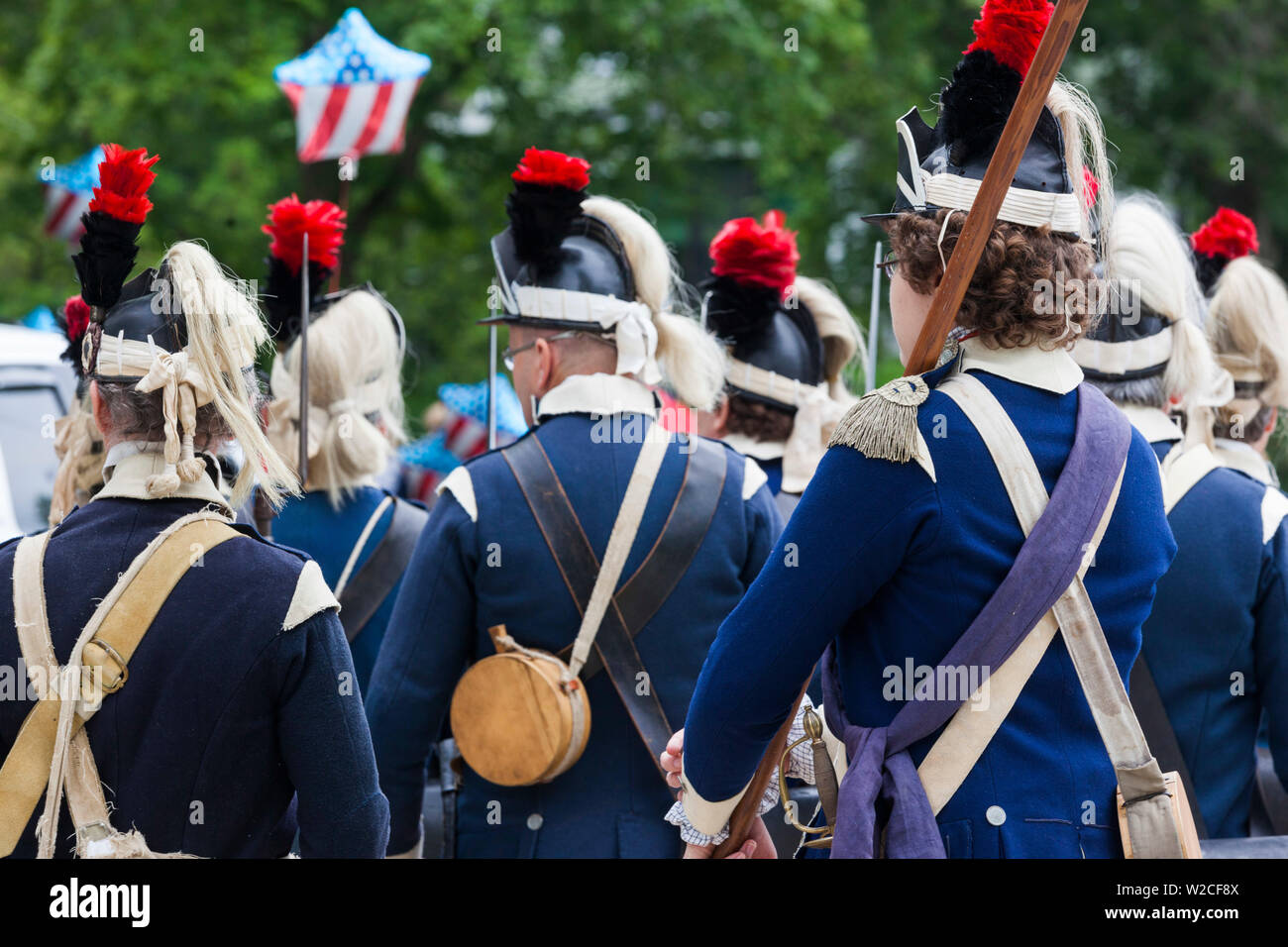 USA, Massachusetts, Cape Ann, Manchester by the Sea, Fourth of July Parade, re-enactors in uniforms of the American Revolution Stock Photo