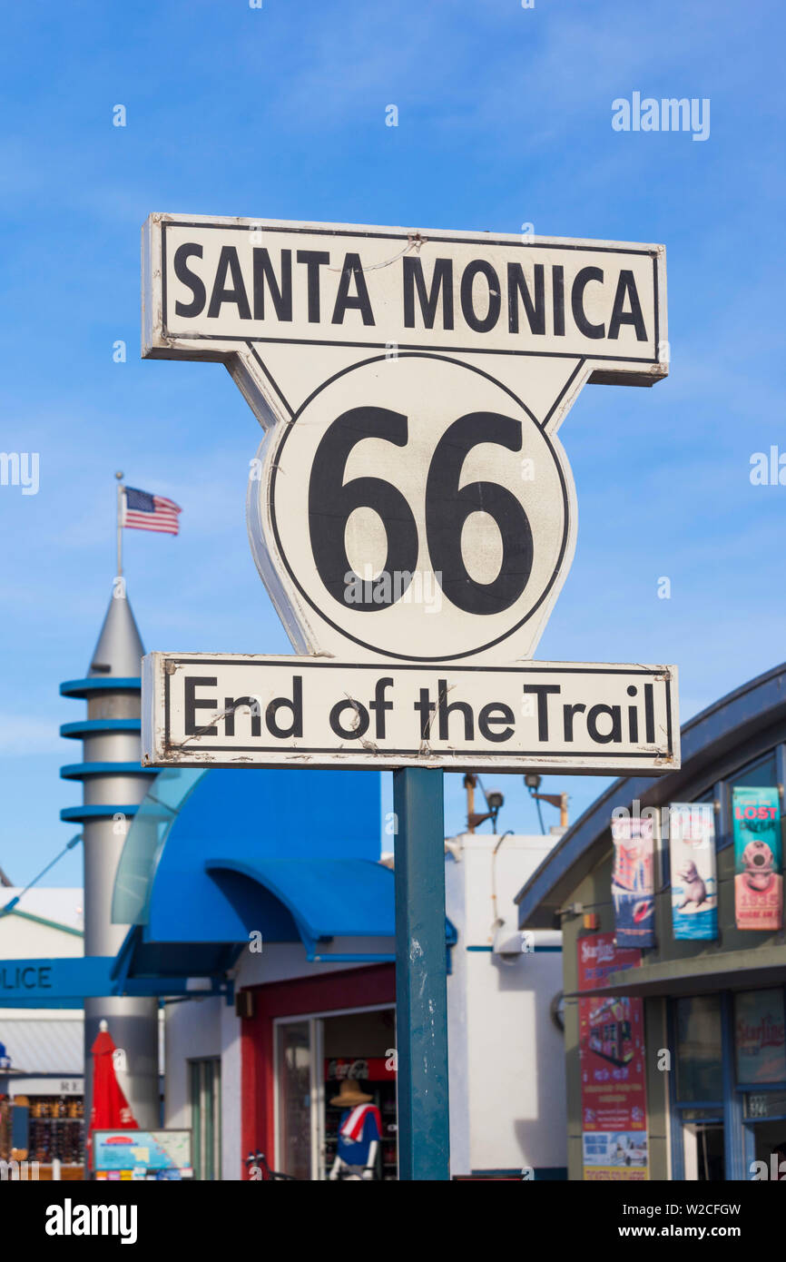 USA, California, Los Angeles-area, Santa Monica, Santa Monica Pier, sign for the end of historic Route 66 Stock Photo