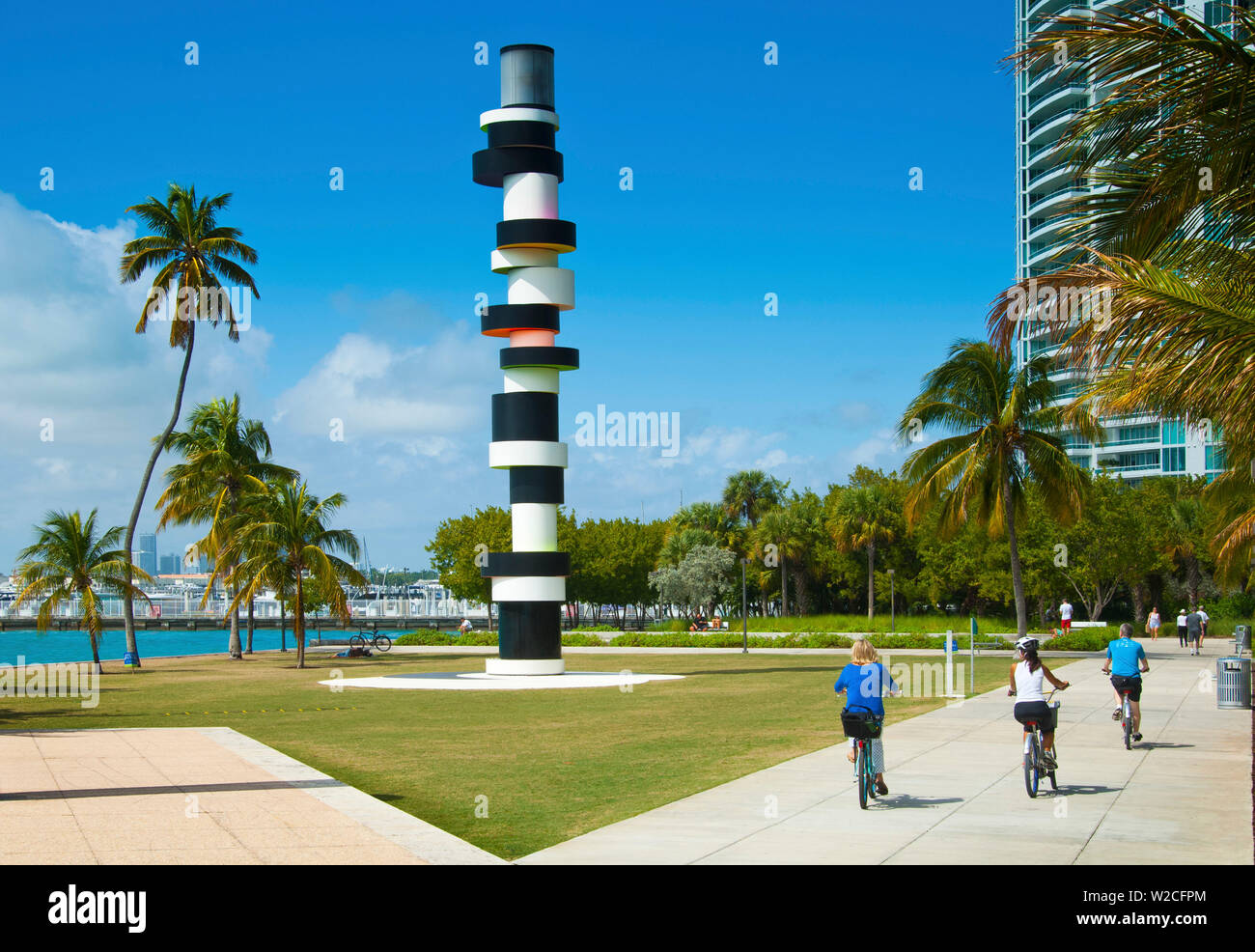 Florida, South Pointe Park, Miami Beach, Lighthouse Sculpture, Bicycling Stock Photo