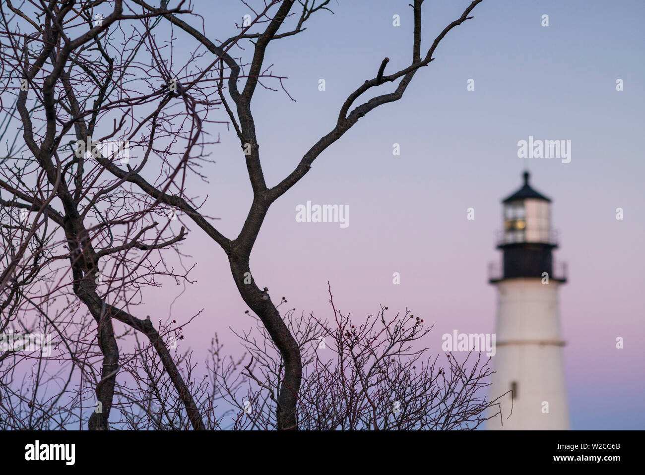 USA, Maine, Portland, Cape Elizabeth, Portland Head Light, lighthouse, dusk, defocussed Stock Photo