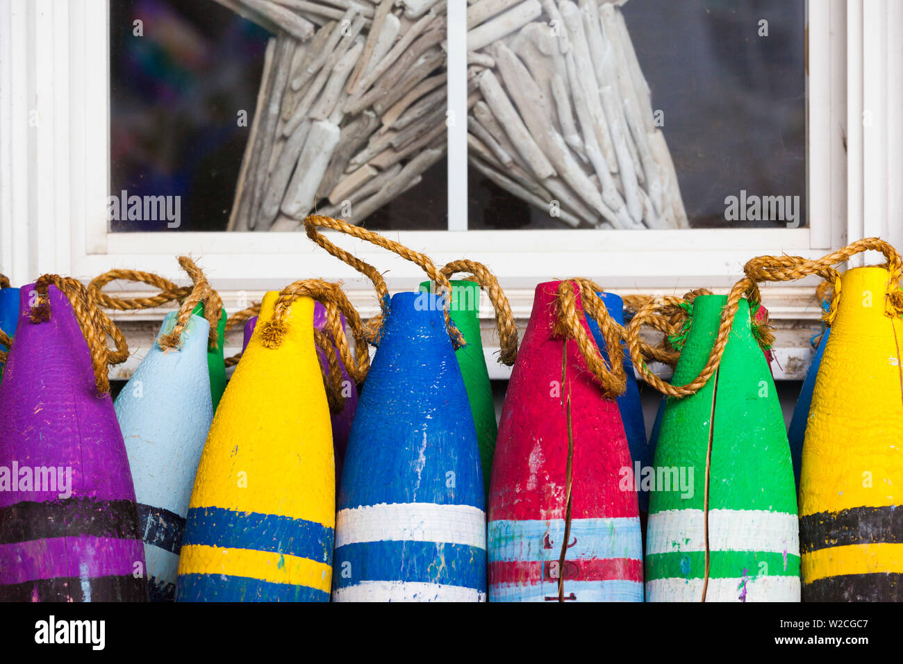 USA, North Carolina, Outer Banks National Seashore, Corolla, crayon-colored decorative buoys Stock Photo