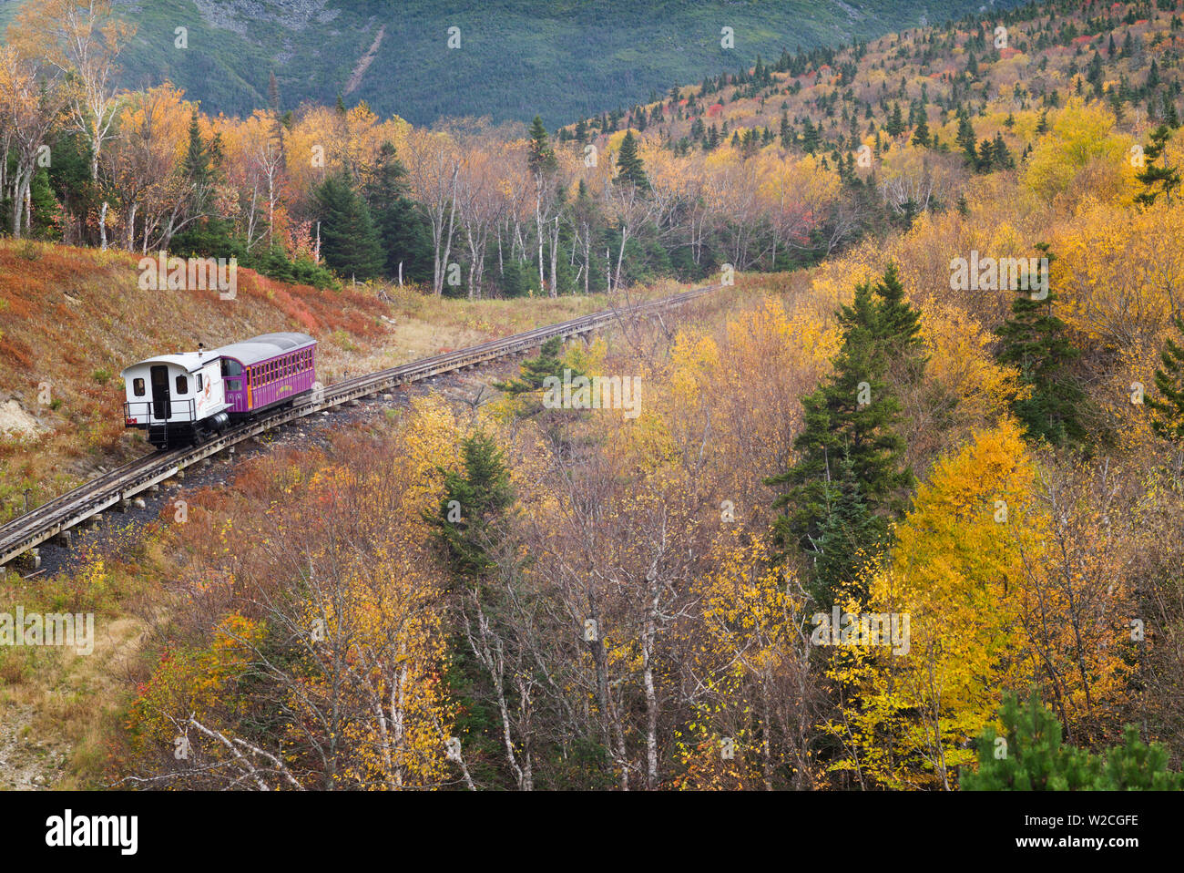 USA, New Hampshire, White Mountains, Bretton Woods, The Mount Washington Cog Railway, train to Mount Washington, fall Stock Photo
