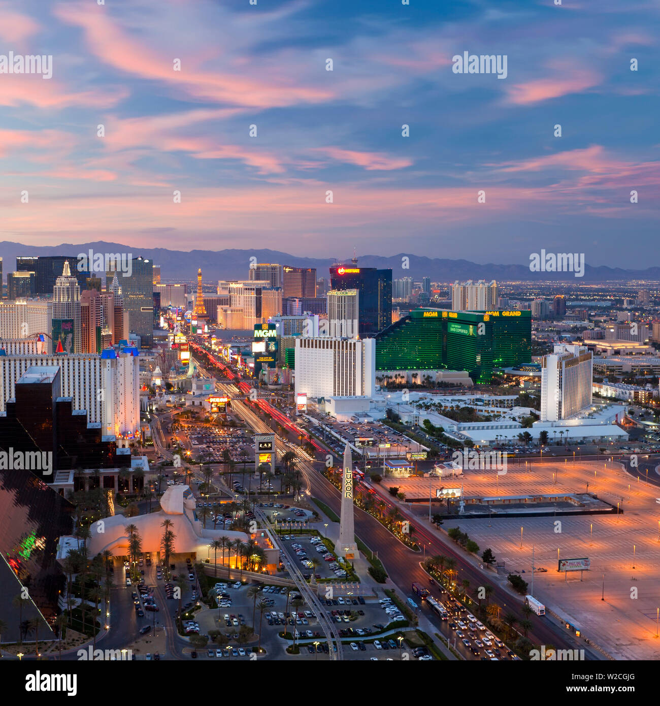 USA, Nevada, Las Vegas, Elevated dusk view of the Hotels and Casinos along the Strip Stock Photo