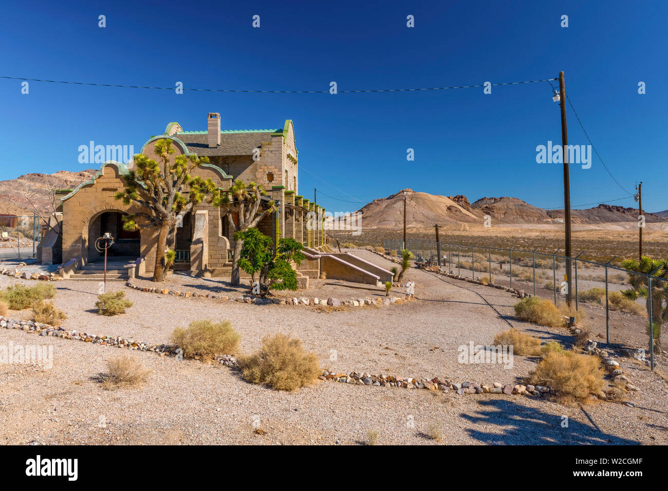 USA, Nevada, Rhyolite ghost town, former train station on Las Vegas and Tonopah Railroad Stock Photo