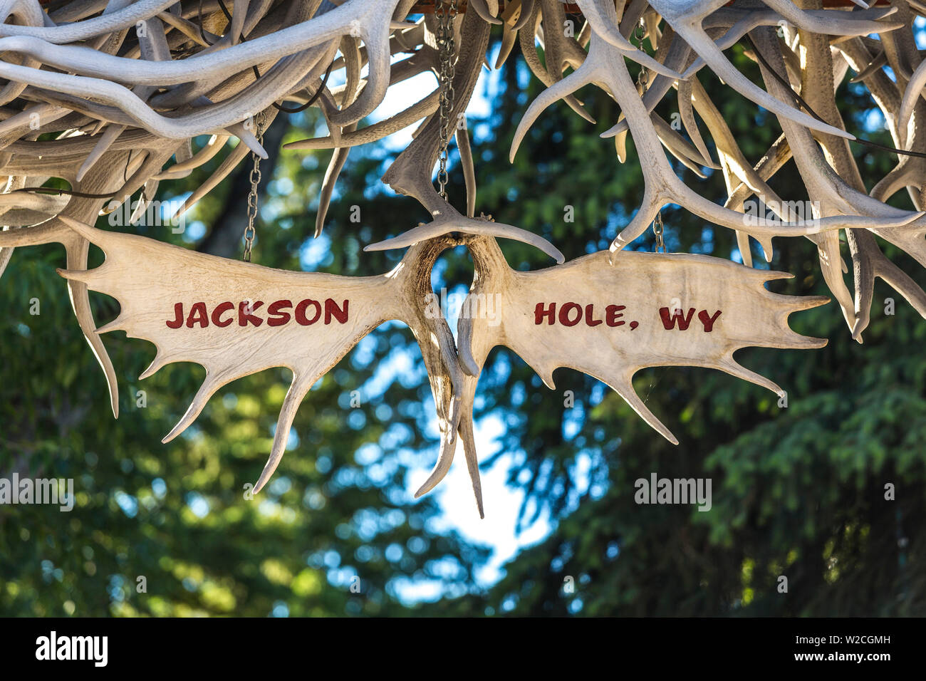 Park gate made with elks antlers, Jackson Hole, Wyoming, USA Stock Photo