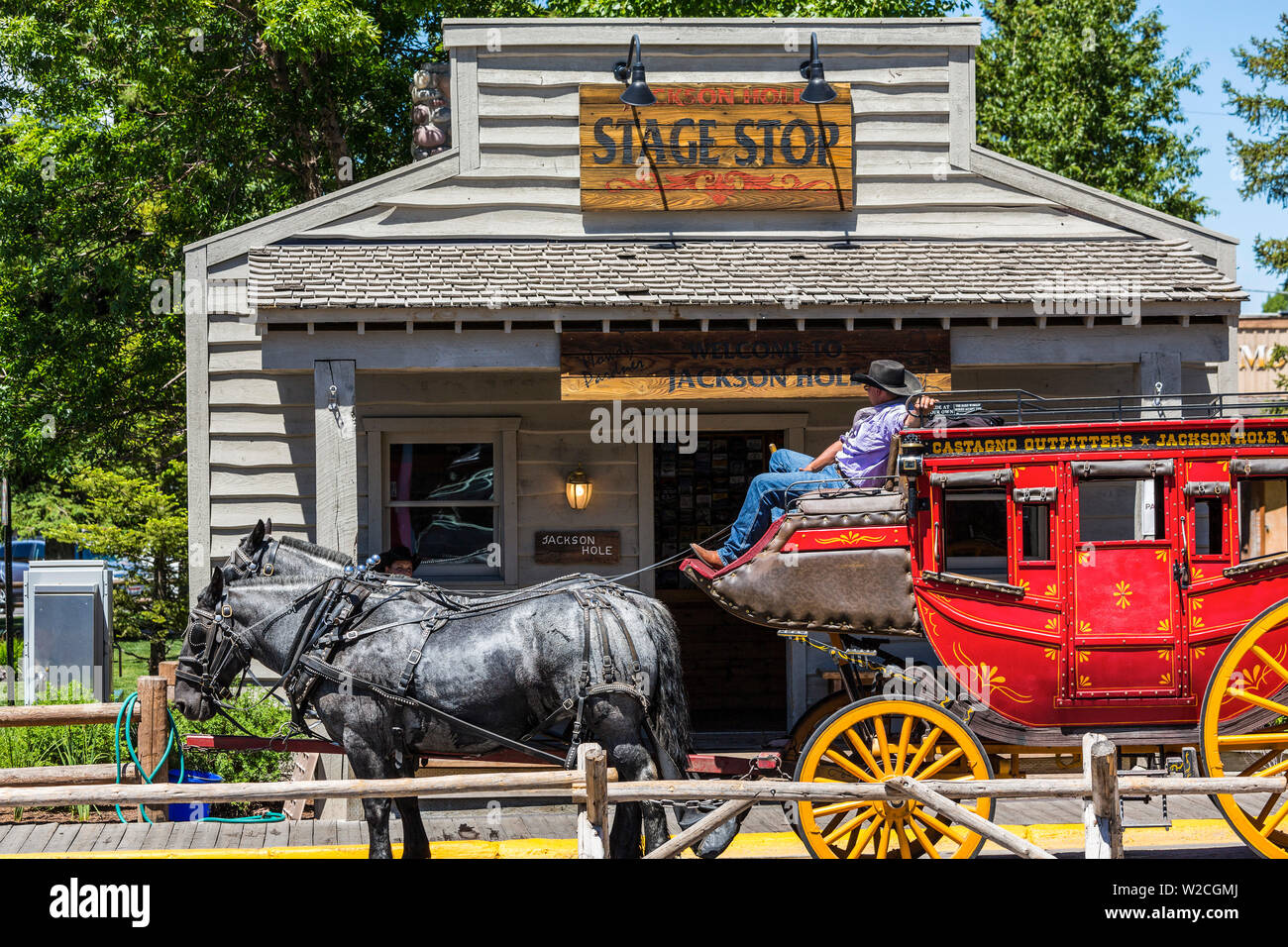 Coach & horses in front of Stage Stop, Jackson Hole, Wyoming, USA Stock Photo