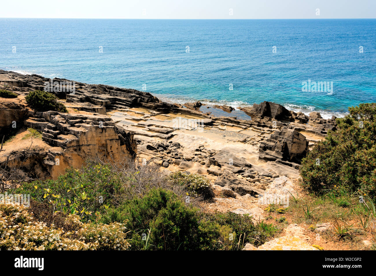 The rugged rocky coast of Punta de n'Amer on the Spanish Baleraren