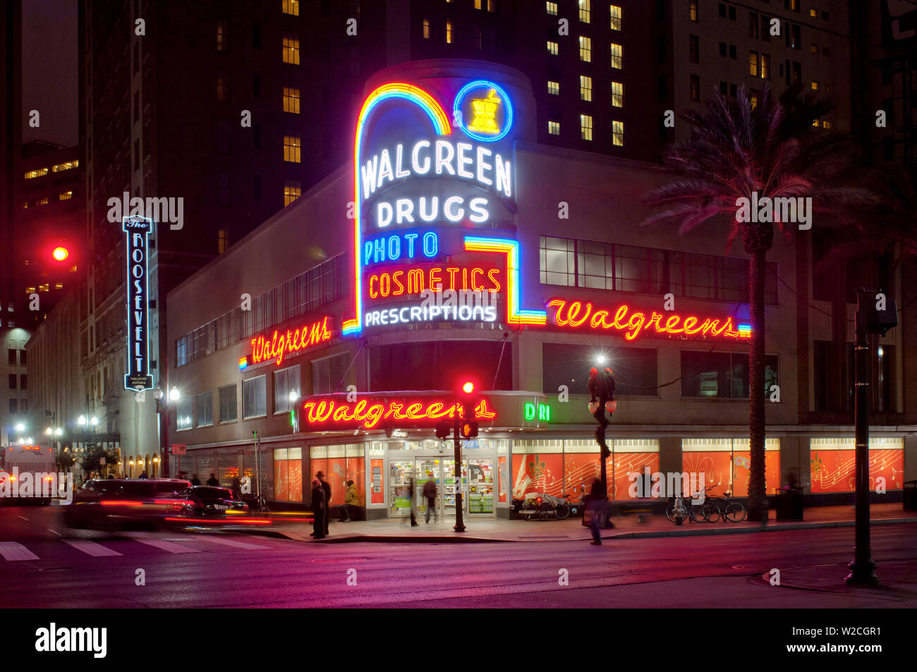 Louisiana, New Orleans, Canal Street, Walgreens Drug Store, 1938, The Roosevelt Hotel Sign Stock Photo