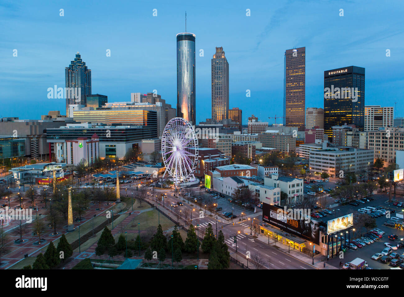 City skyline, elevated view over Downtown and the Centennial Olympic Park in Atlanta, Georgia, United States of America Stock Photo