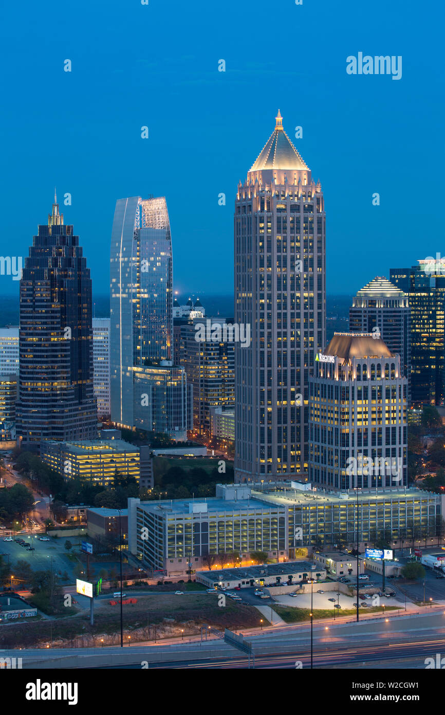 Elevated view over Interstate 85 passing the Atlanta skyline, Atlanta, Georgia, United States of America Stock Photo