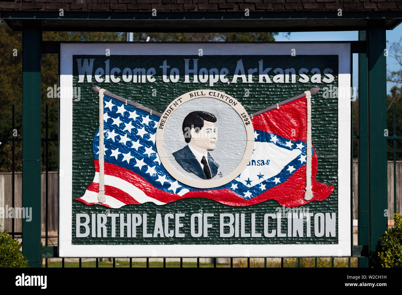 USA, Arkansas, Hope, birthplace of former President Bill Clinton, sign Stock Photo