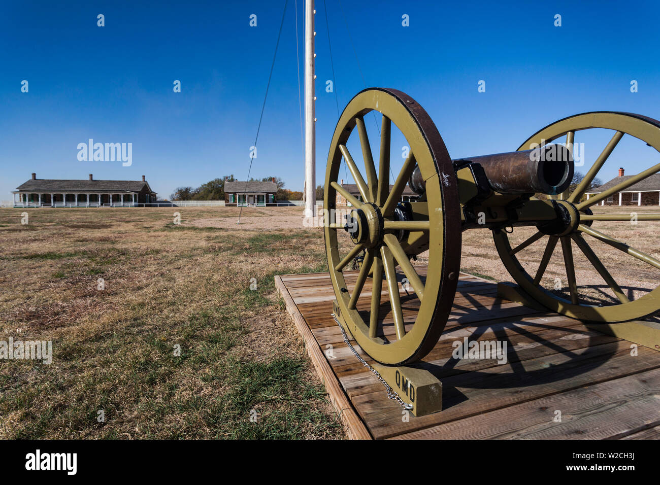 USA, Kansas, Larned, Fort Larned National Historic Site, mid-19th century military outpost, protecting the Santa Fe Trail, artillery Stock Photo