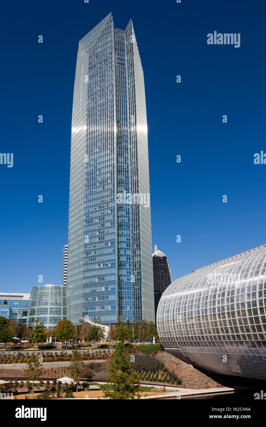 USA, Oklahoma, Oklahoma City, Devon Tower, tallest building, built 2012 and the Myriad Botanical Gardens Stock Photo