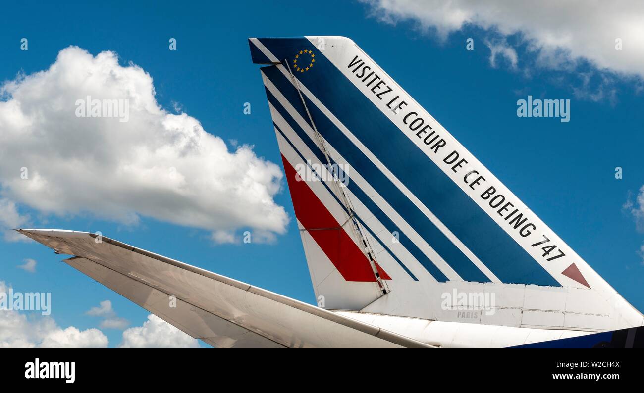 Museum aircraft, tail unit of a Boeing 747, Musee de l'Air et de l'Espace, Museum of Aerospace Technology, Le Bourget, Paris, France Stock Photo