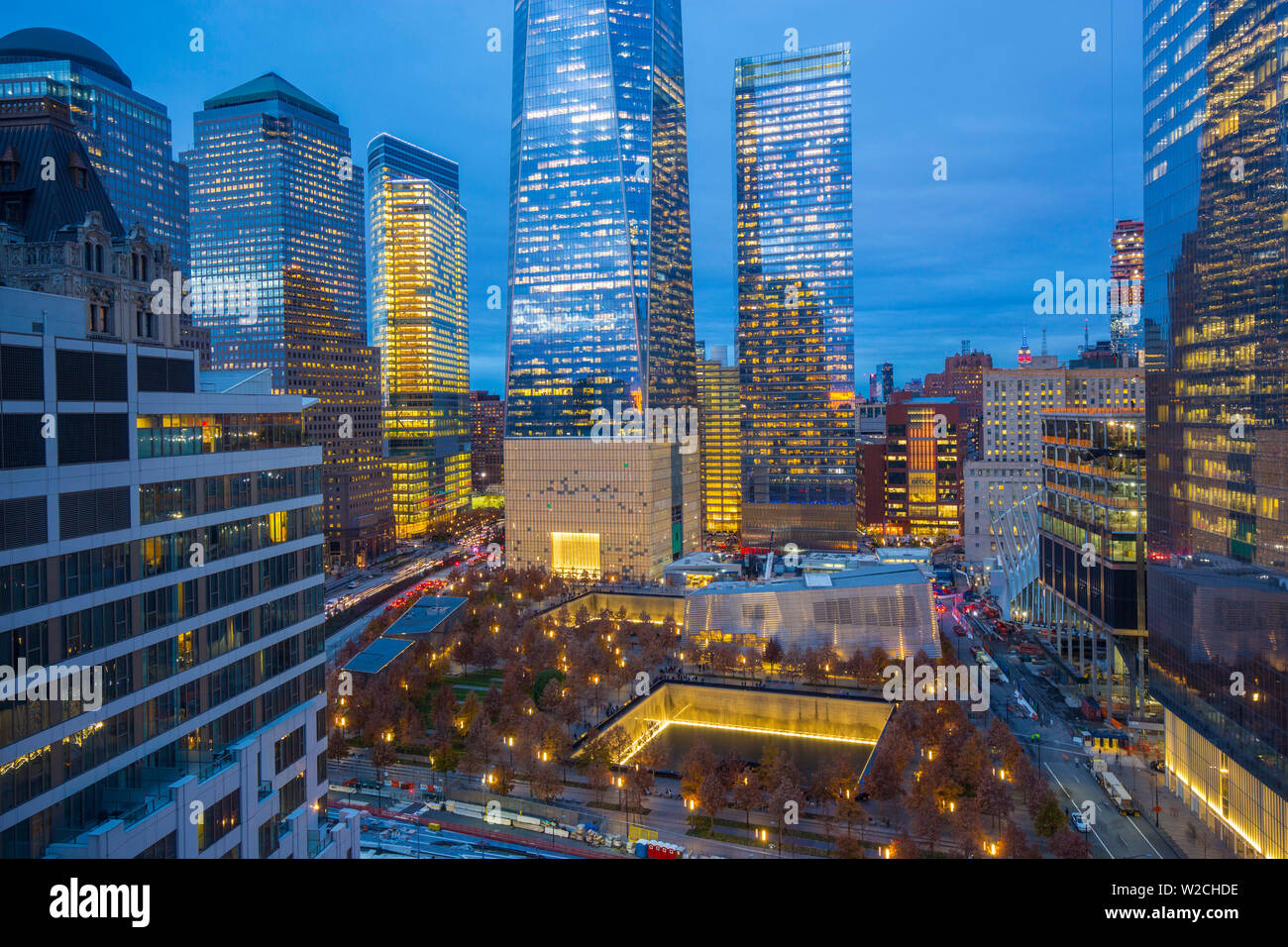 One World Trade Center and 911 Memorial, Lower Manhattan, New York City, New York, USA Stock Photo