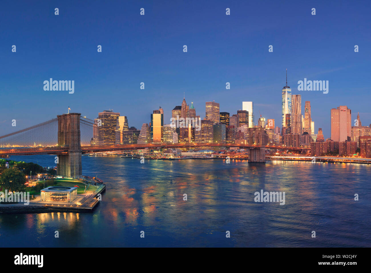 USA, New York, New York City, Lower Manhattan and Brooklyn Bridge Stock Photo