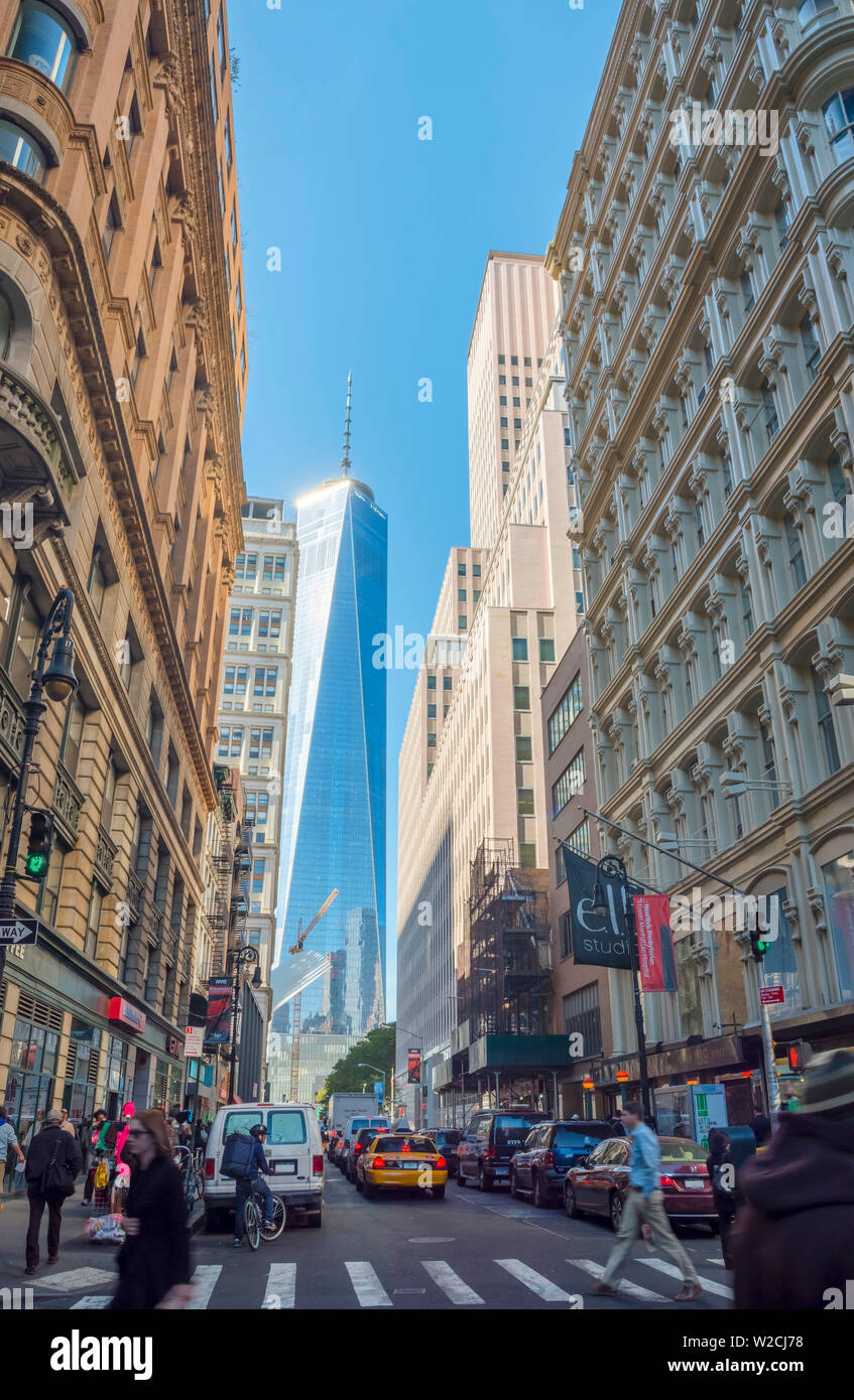 USA, New York, Manhattan, Downtown, Fulton Street, World Trade Center, Freedom Tower or One World Trade Center Stock Photo