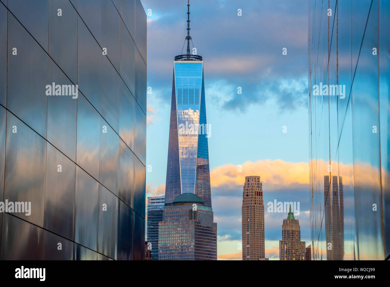USA, New Jersey, Jersey City, Liberty State Park, Empty Sky memorial to new Jerseyans lost during 911 attacks on the World Trade Center, World Trade Center in background Stock Photo