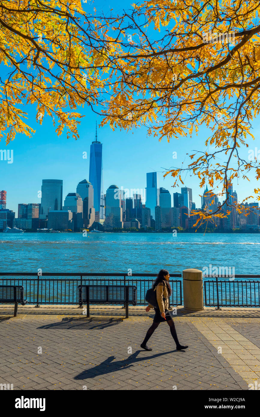 USA, New York, Manhattan, Lower Manhattan and World Trade Center, Freedom Tower, viewed from New Jersey, Jersey City, Paulus Hook Stock Photo