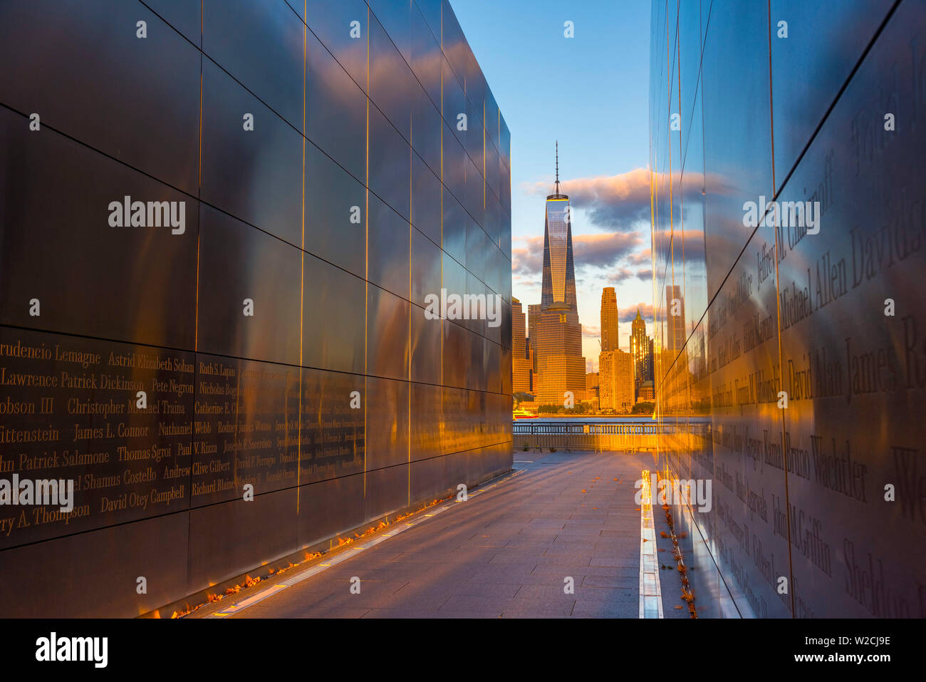 USA, New Jersey, Jersey City, Liberty State Park, Empty Sky memorial to new Jerseyans lost during 911 attacks on the World Trade Center, World Trade Center in background Stock Photo