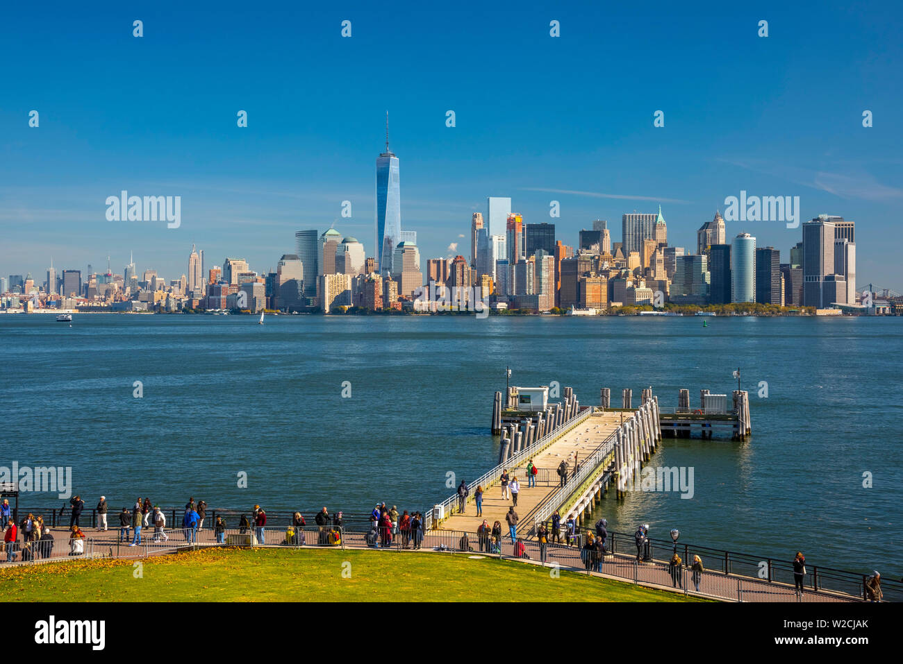 USA, New York, Manhattan, Liberty Island and Manhattan Skyline Stock Photo