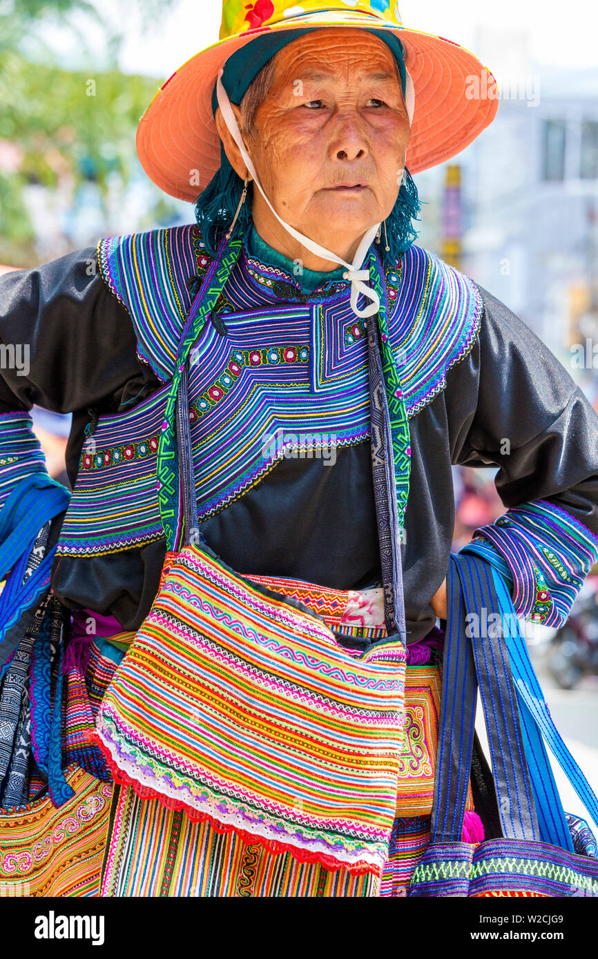 Flower Hmong tribes woman returning home from market, Bac Ha, Vietnam Stock Photo