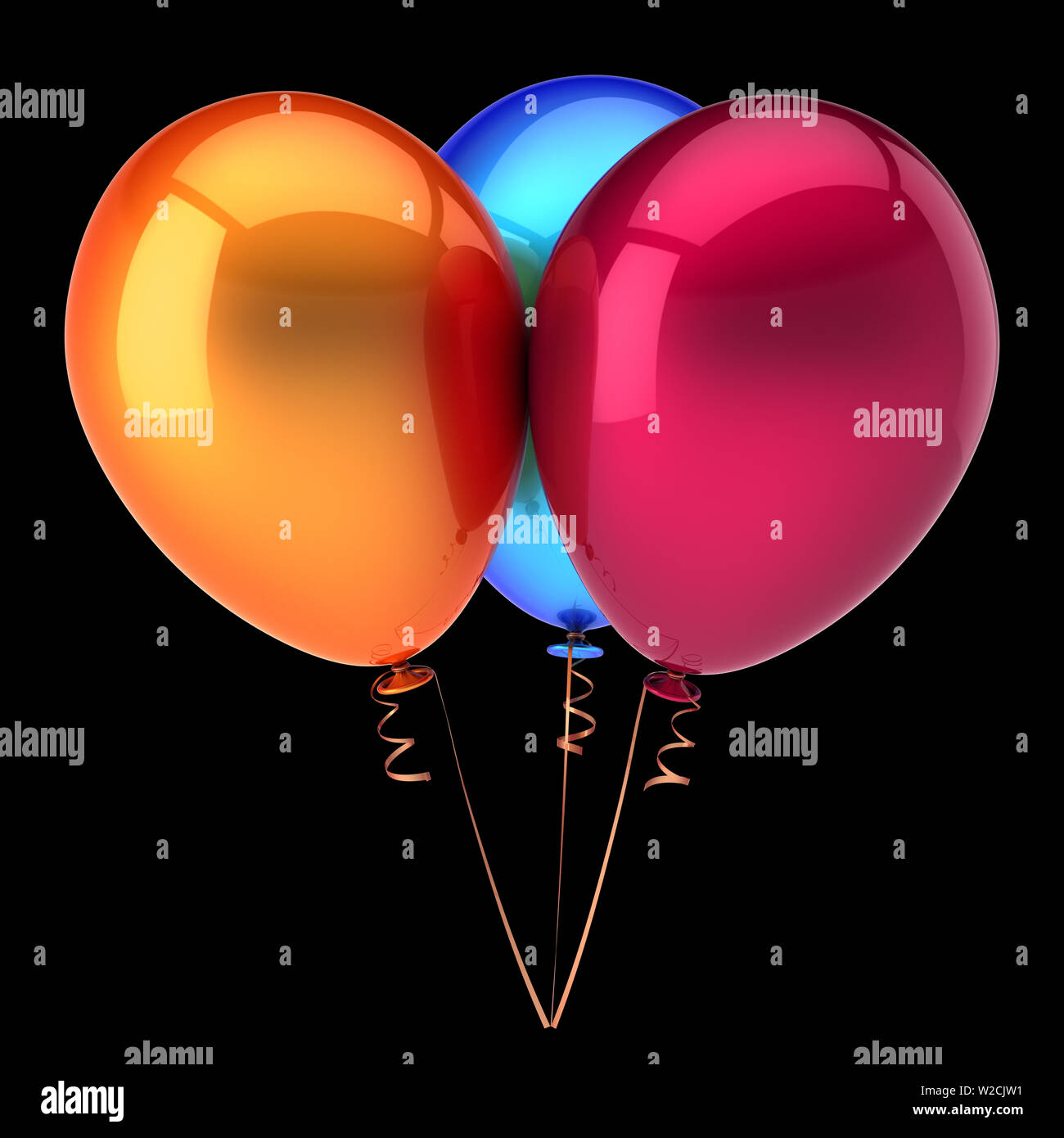 3d illustration of three 3 colorful balloons bunch blue red orange ...