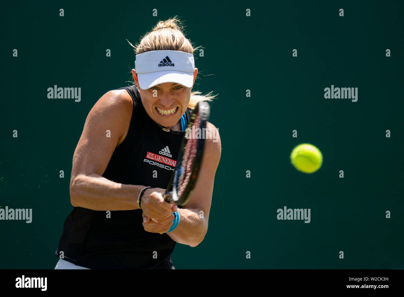Angelique Kerber of Germany in action against Simona Halep of Romania at Nature Valley International 2019, Devonshire Park, Eastbourne - England. Thur Stock Photo
