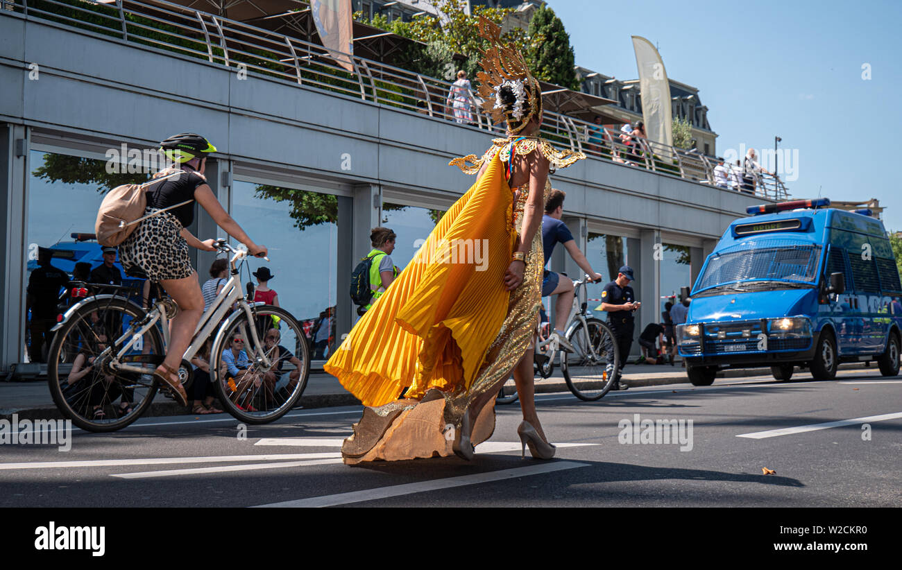 Geneva, Switzerland - 07/06/2019 : The Geneva Pride March 2019 is an event intended to give visibility to homosexual, bi, trans*, intersex, queer and Stock Photo