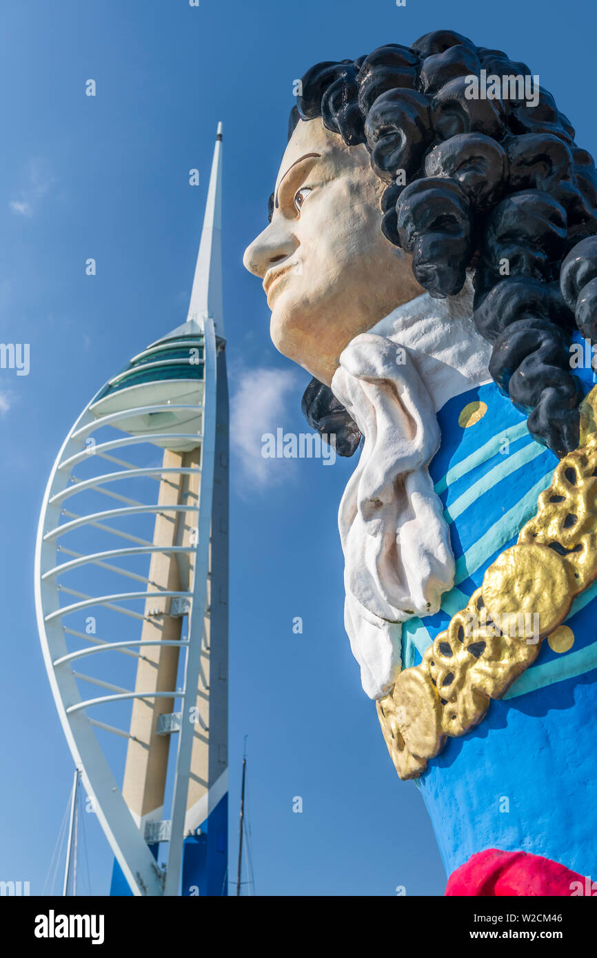 Wearing a long wig, cravat, armour and the collar of the 'Order of the Garter', the figurehead of HMS Marlborough can be found on Gunwharf Quays in Po Stock Photo