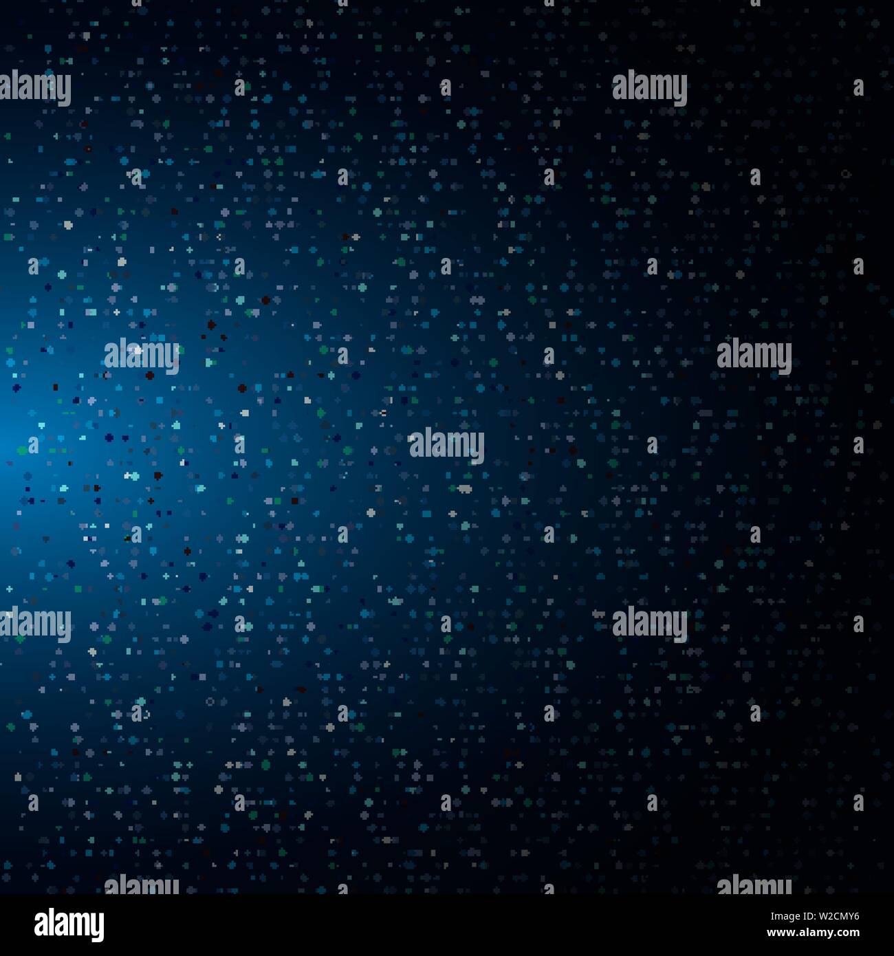 Abstract halftone illuminated glowing particles consists of random dots blue neon color background. Digital explosion. Futuristic technology concept. Stock Vector