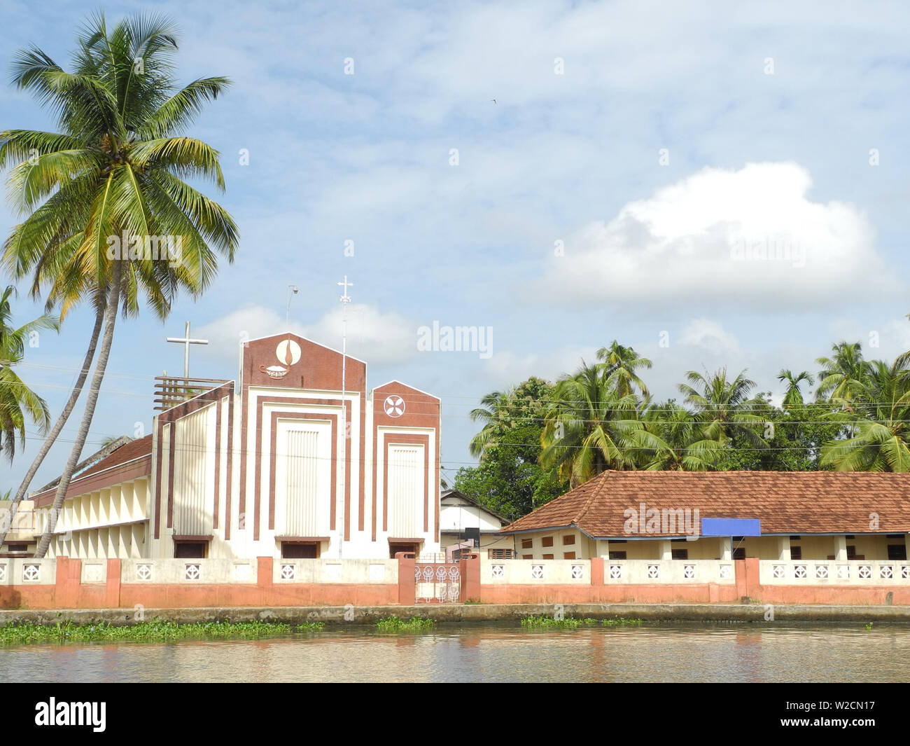 Christian catholic church on the backwater channel in Kerala Kochi Stock Photo