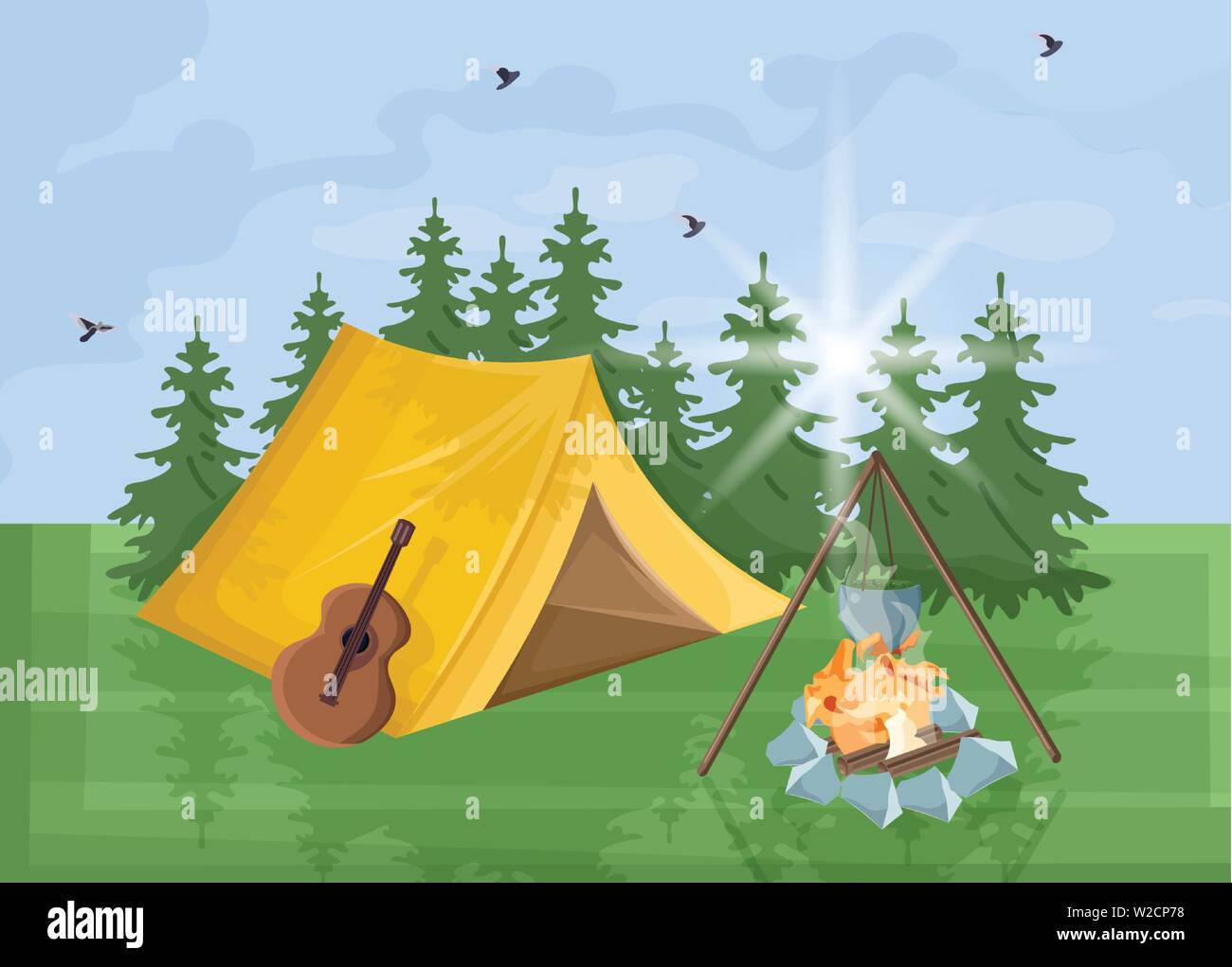 Camping Vector flat style. Park nature outdoors background Stock Vector